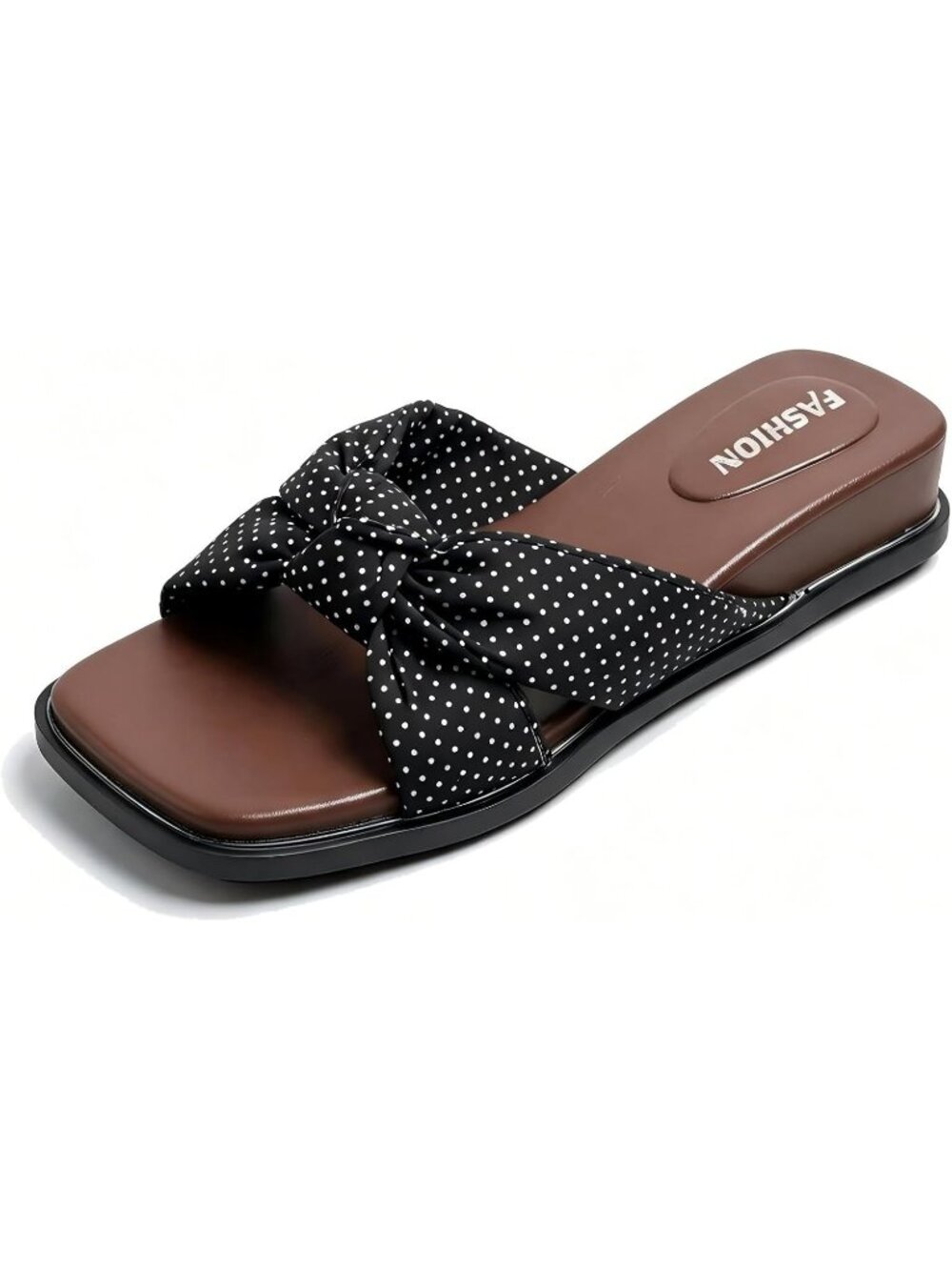Women's Black Polka Dot Fabric Strap Wedge Slide Sandals with Square Open Toe
